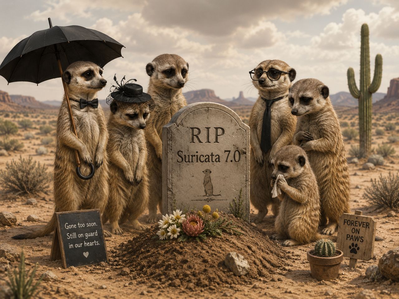 Meerkats gathered around a gravestone marked “RIP Suricata 7.0”